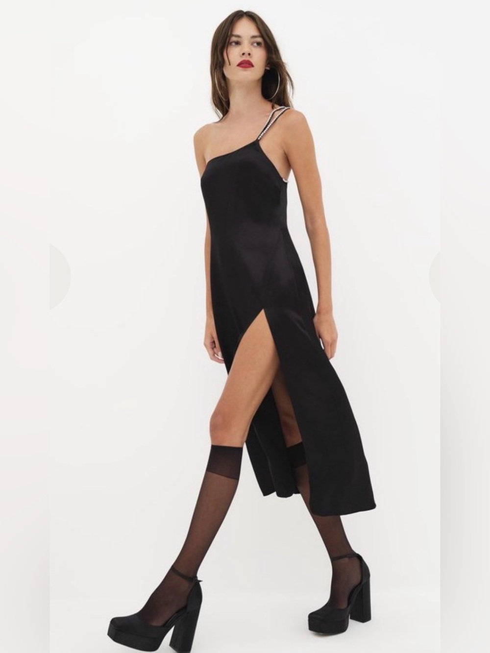 For Love and Lemons Elora Satin & Crystal Midi Dress Black Size Small